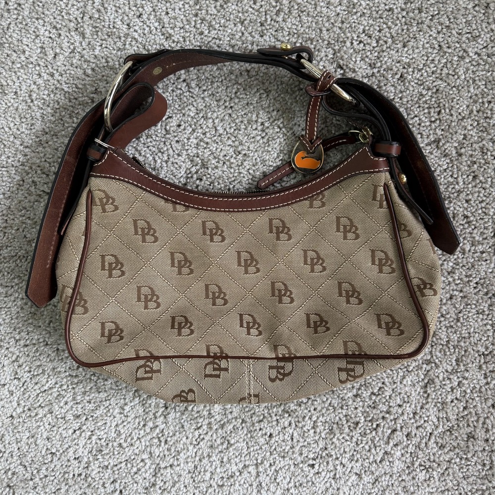 Dooney & Bourke Hobo Bag Womens Medium Brown Canvas Leather Monogram Purse